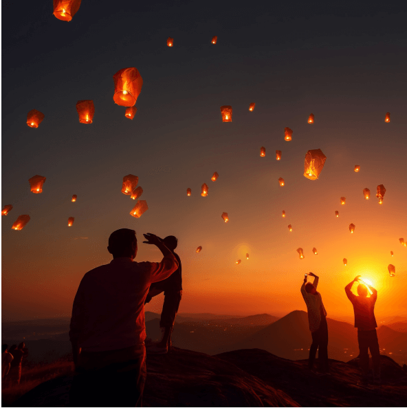 People Flying Lanterns Into Sky Sunset 1